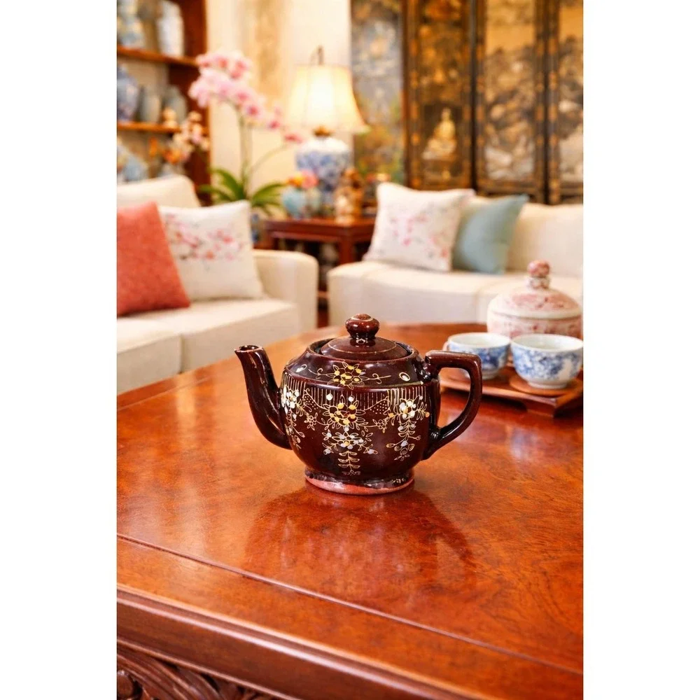 Vintage Made in Japan Brown Floral Ceramic Teapot Decorative Cottage Decor